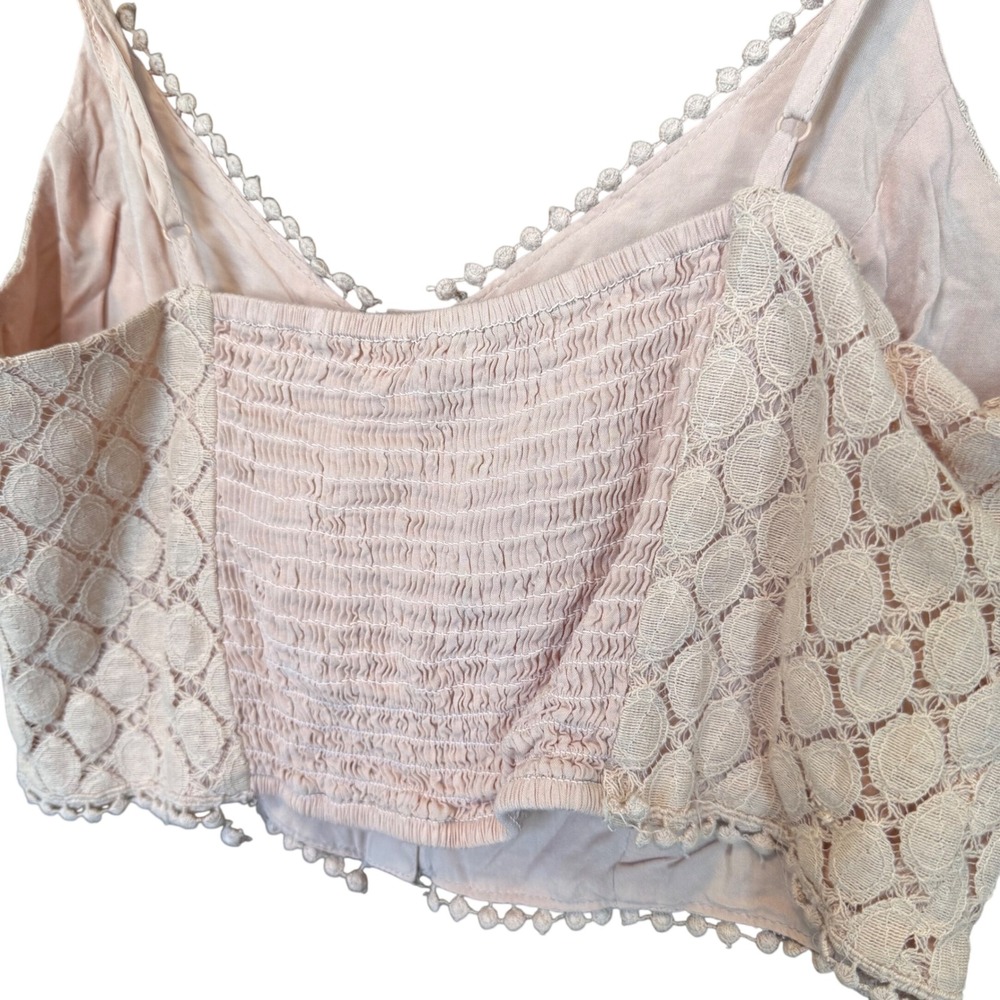 Pink Crochet Lace Smocked Button Up Crop Top Boho Festival L Coquette Fairy Fem - Picture 11 of 11